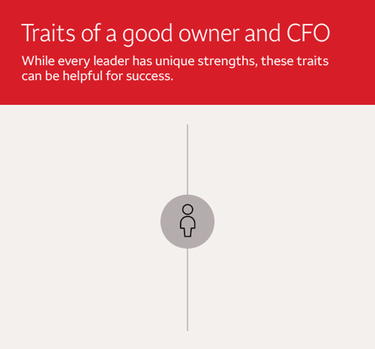 Some traits of a good owner include being a big picture thinker, people person, and motivator, while some traits of a good CFO include being a linear thinker, numbers person, and communicator.