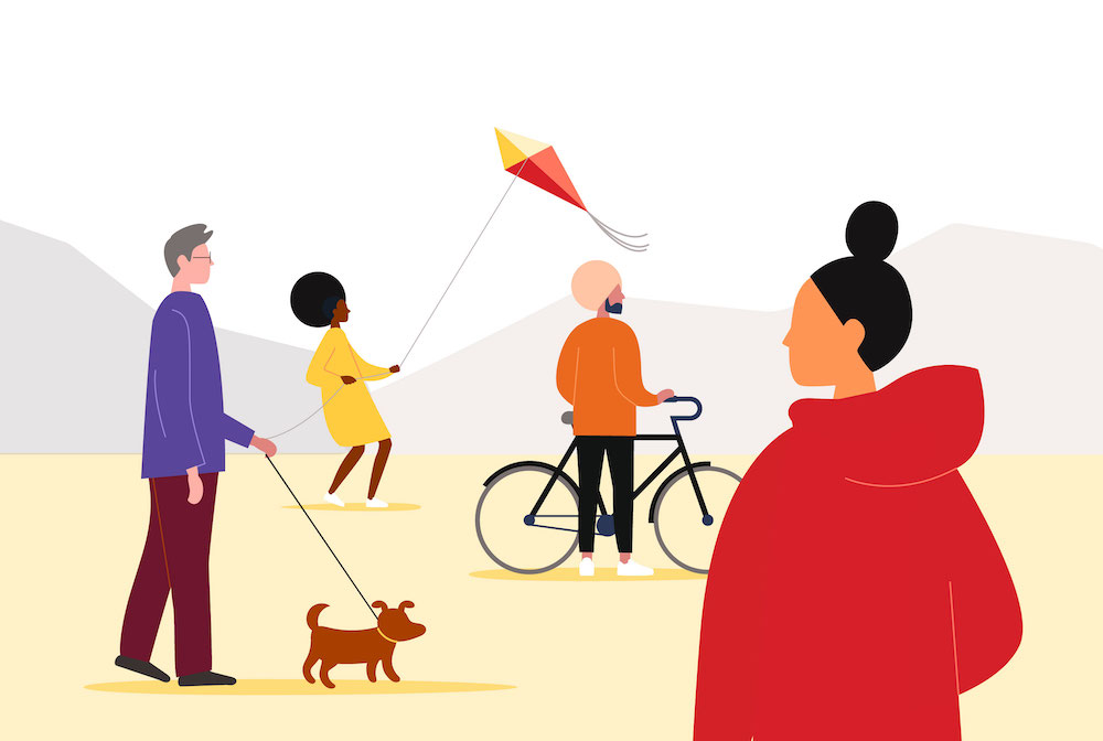 An illustration of a diverse group of men and women participating in various pastimes, such as riding a bike or flying a kite
