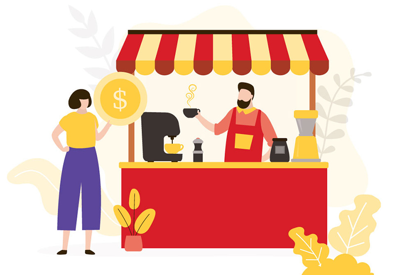 Illustration of a woman buying coffee at a coffee stand