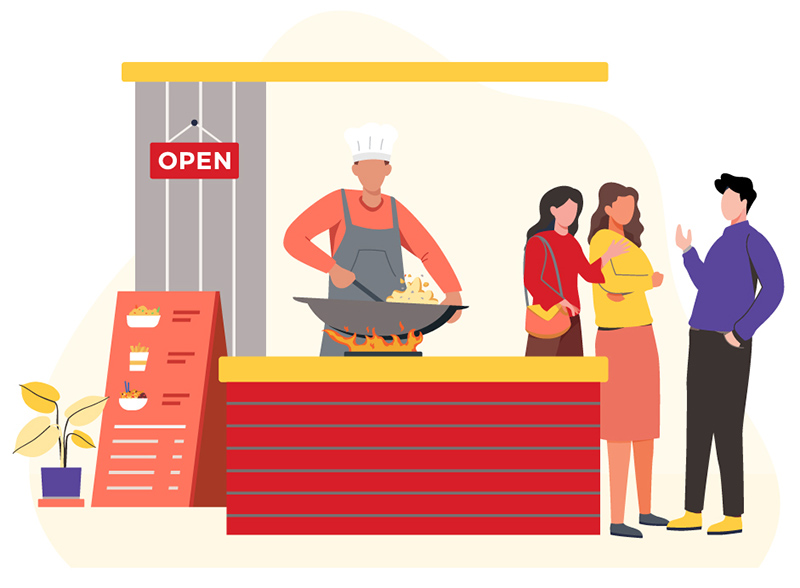 Illustration of a chef working behind the grill at a restaurant.