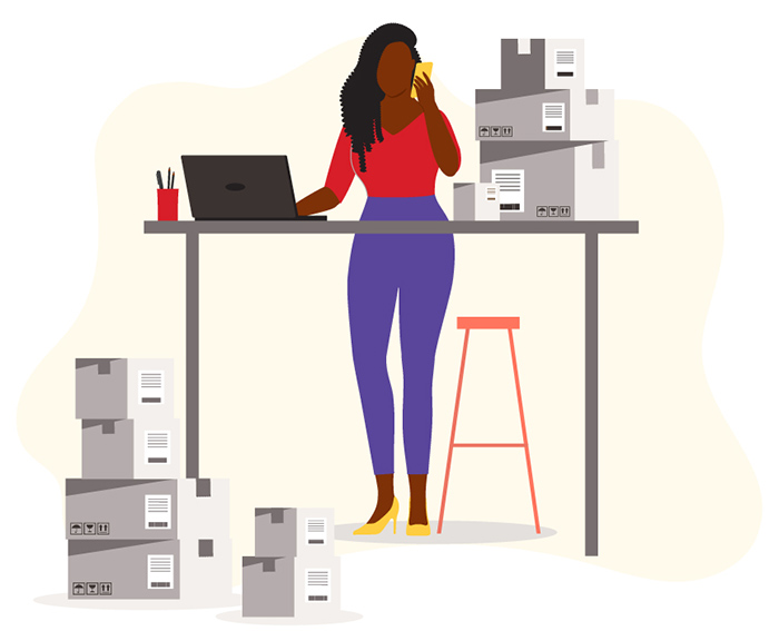 Illustration of a woman working at a standing desk, surrounded by boxes ready for shipment.