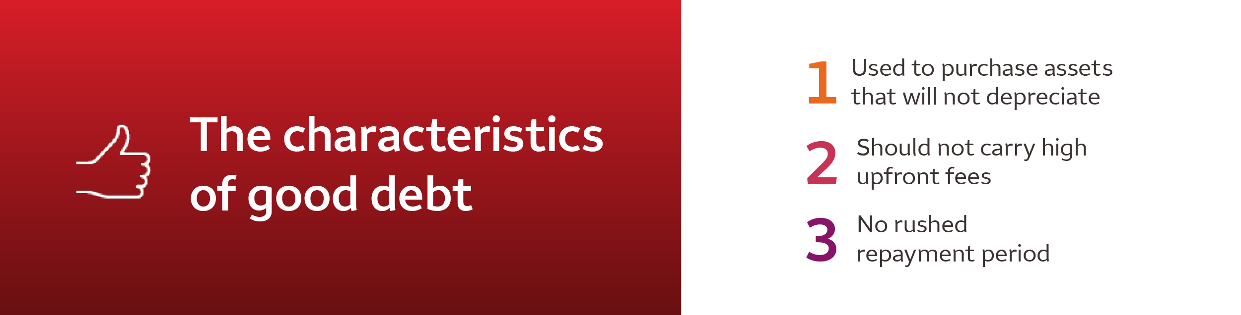 The characteristics of good debt: used to purchase assets that will not depreciate; should not carry high upfront fees; no rushed repayment period.